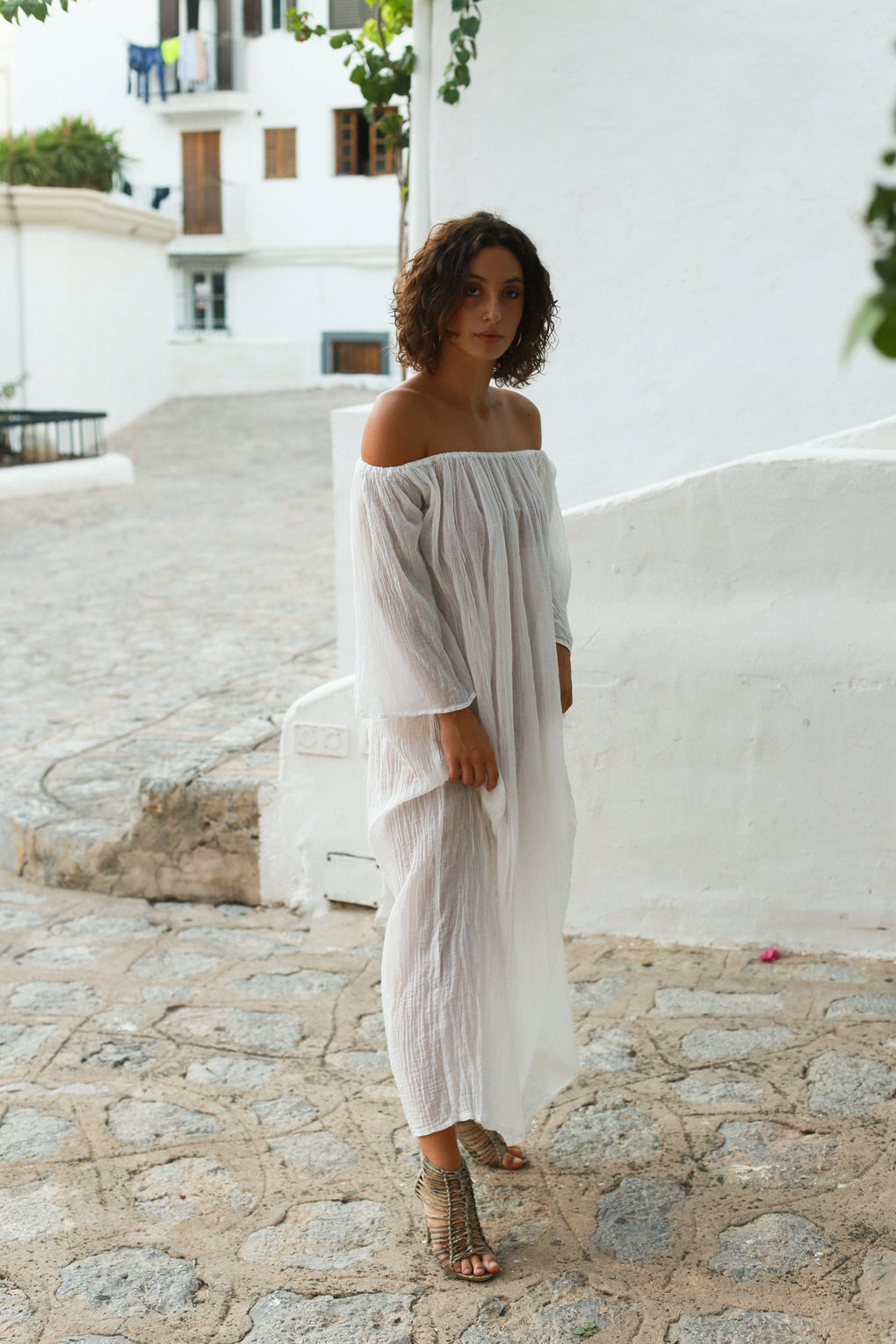 White Joan Pagoda Maxi Strapless Neckline Dress Front View