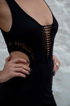 Holes Trémula Black Maxi Dress Cleavage View - Audace Manifesto