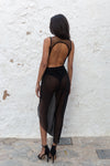 Plunging neckline open scoop back dress | Black mesh skirt back view- Audace Manifesto