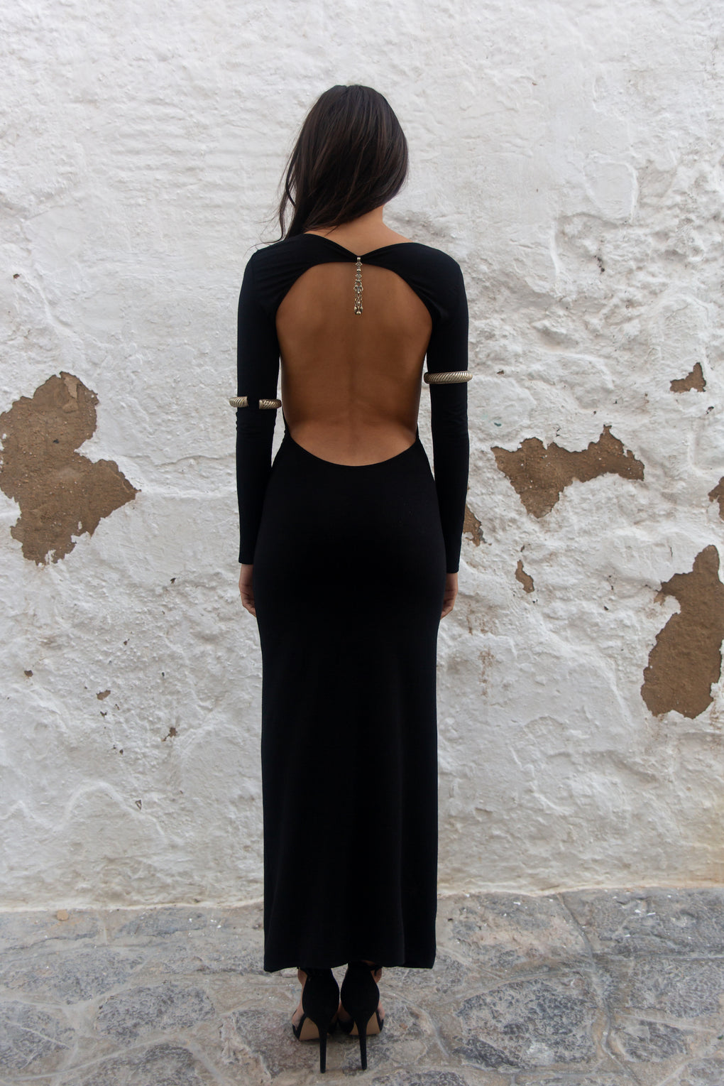 Backless black long sleeves maxi dress back view Anaïs - Audace Manifesto